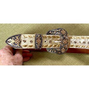 Jose Luis Goldtone Cowhide Size 34 Western Belt Rhinestones Leather Trim